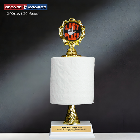 A 12-inch humorous toilet paper award designed for the ULTIMATE Last Place Loser! Custom engraving available from Decade Awards