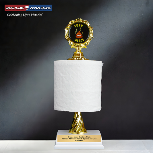 A 12-inch humorous toilet paper award designed for those special Turd Place "winners". Custom engraving available from Decade Awards