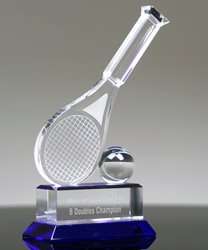 Tennis Crystal Racket and Ball with Indigo Blue Base Trophy | Engraved Crystal Tennis Award - 10 Inch Tall Decade Awards