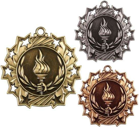 Victory Ten Star Medal - Gold, Silver or Bronze | Engraved Flame of Victory 10 Star Medallion | 2.25 Inch Wide Decade Awards