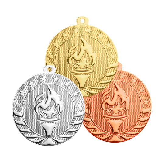 Victory Torch StarBrite Medal - Gold, Silver, Bronze | Engraved StarBrite Victory Medallion - 2 Inch Wide Decade Awards