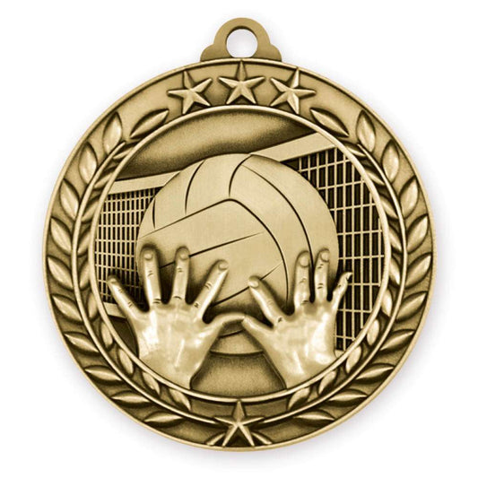 Volleyball Wreath Medal - Gold | Engraved Gold Volleyball Medallion - 2.75 Inch Wide Decade Awards
