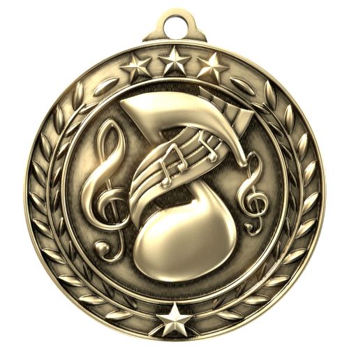 Music Wreath Medal, Gold | Engraved Gold Music Medal - 2.75 Inch Wide Decade Awards