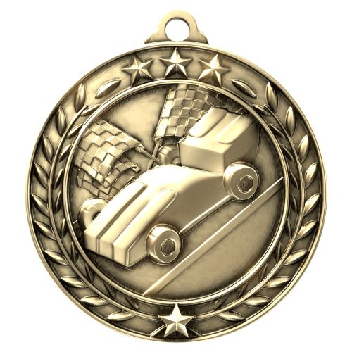 Racing Wreath Medal, Gold | Engraved Gold Racing Medal - 2.75 Inch Wide Decade Awards