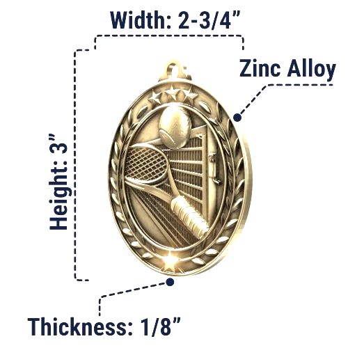 Personalized Tennis Medal in Gold Silver or Bronze with Ribbon and Custom Engraving by Decade Awards