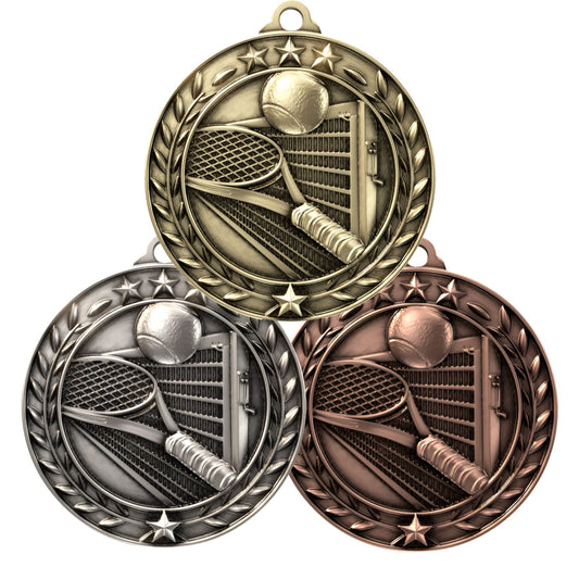 Personalized Tennis Medal in Gold Silver or Bronze with Ribbon and Custom Engraving by Decade Awards