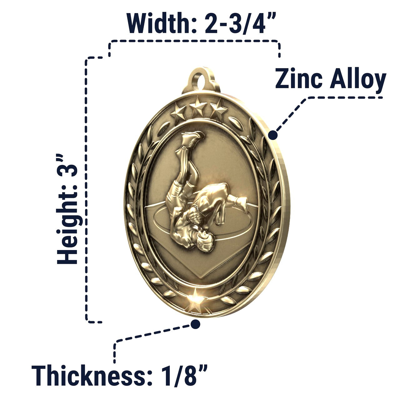 Wrestling Wreath Medal, Gold | Engraved Gold Wrestling Medal - 2.75 Inch Wide Decade Awards
