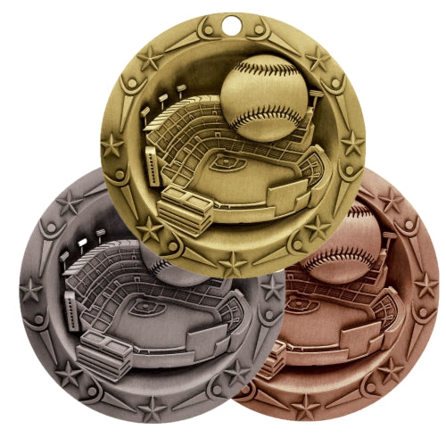 Baseball World Class Medal - Gold, Silver or Bronze | Engraved Baseball League Medallion - 3 Inch Wide Decade Awards