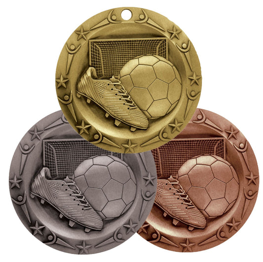 Soccer World Class Medal - Gold, Silver or Bronze | Engraved Futbol Medallion - 3 Inch Wide Decade Awards