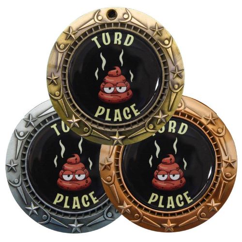 Turd Place World Class Medal - Gold, Silver or Bronze | Engraved Worst of the Worst Medallion - 3 Inch Wide Decade Awards