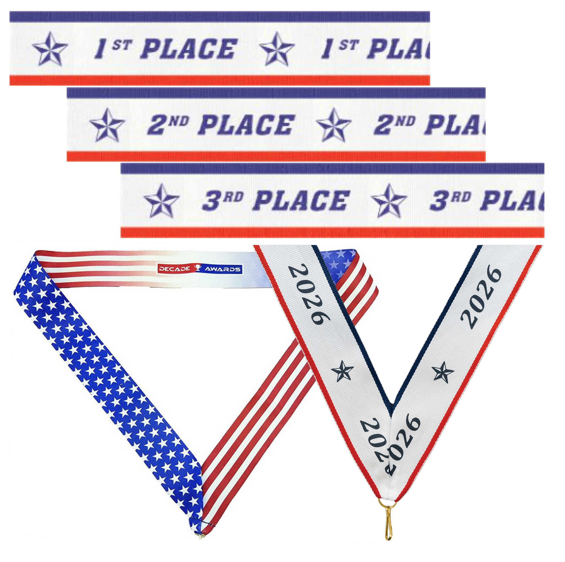 Award ribbon options for 1st , 2nd and 3rd Place Ribbons, 2026 ribbon and Decade Awards Stars & Stripes Ribbon