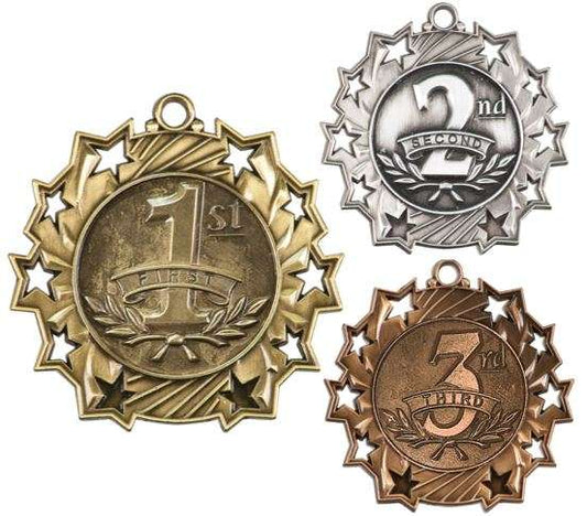 1st, 2nd, 3rd Place Ten Star Medal | Engraved 10 Star Place Medallion | 2.25 Inch Wide Decade Awards