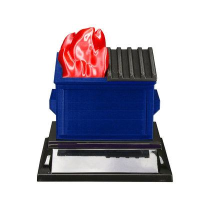 Blue recycling dumpster fire trophy with customizable plate, by Decade Awards.
