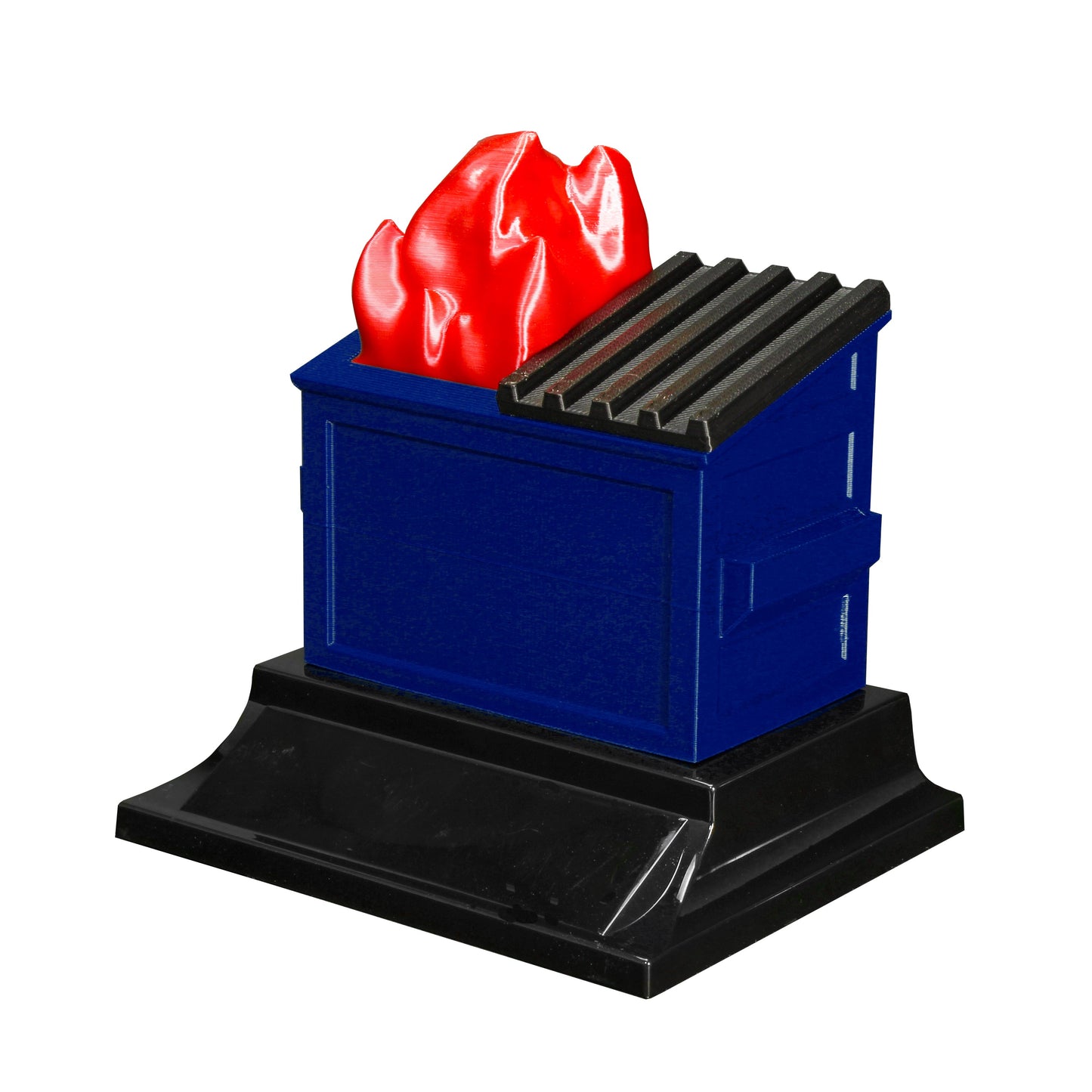 Blue recycling dumpster fire trophy with customizable plate, by Decade Awards.