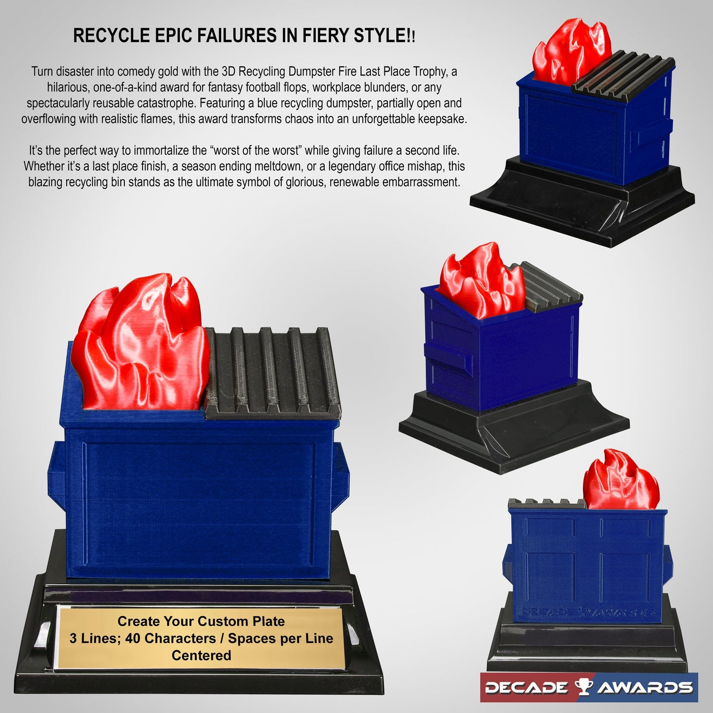 Blue recycling dumpster fire trophy with customizable plate, by Decade Awards.