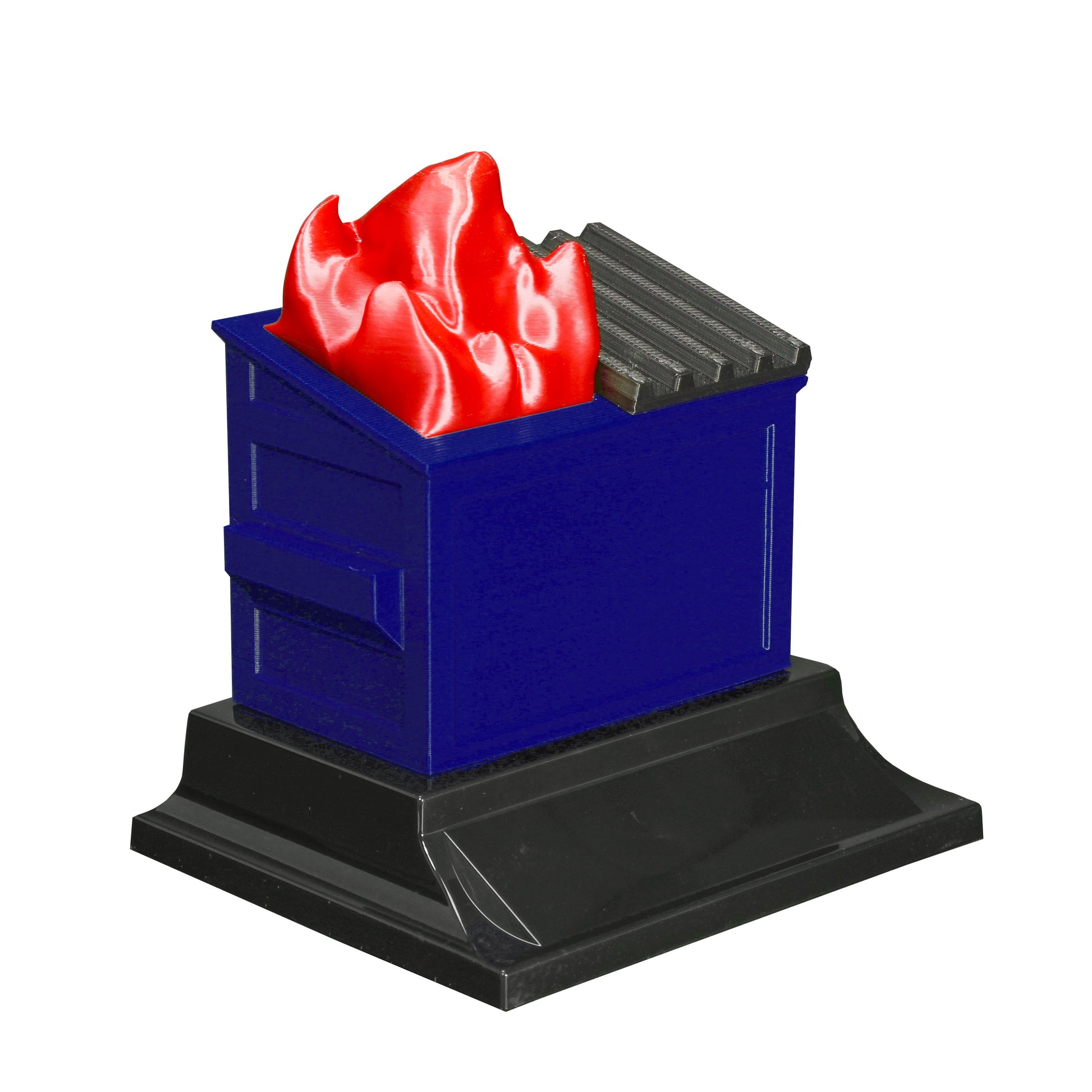 Blue recycling dumpster fire trophy with customizable plate, by Decade Awards.