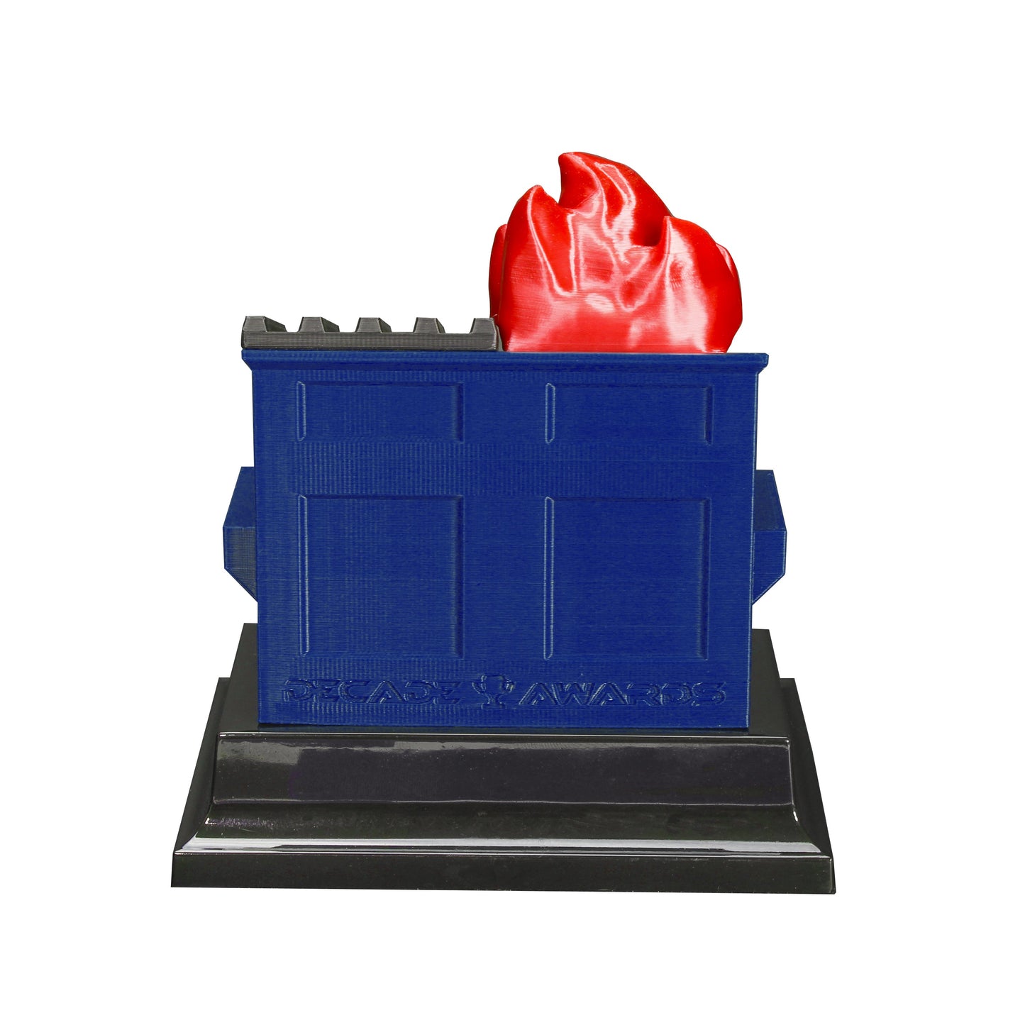 Blue recycling dumpster fire trophy with customizable plate, by Decade Awards.