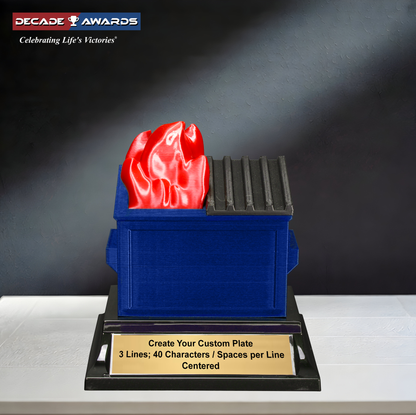 Blue recycling dumpster fire trophy with customizable plate, by Decade Awards.