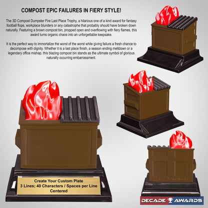 Brown compost dumpster fire trophy with free engraving by Decade Awards