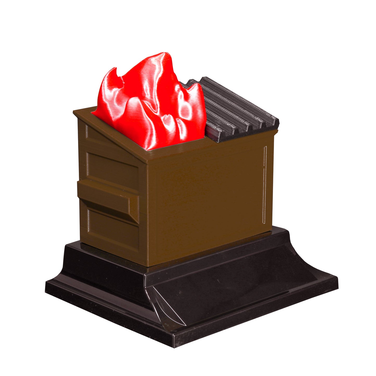 Brown compost dumpster fire trophy with free engraving by Decade Awards