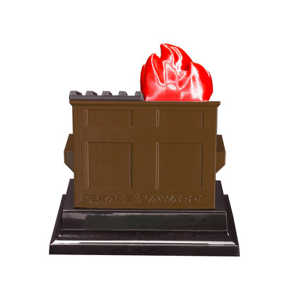 Brown compost dumpster fire trophy with free engraving by Decade Awards