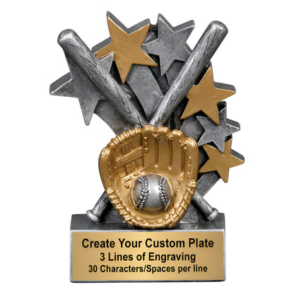 Star Blast Baseball Trophy with shining gold and silver accents, 4.75 inches tall, perfect for players and teams – Decade Award