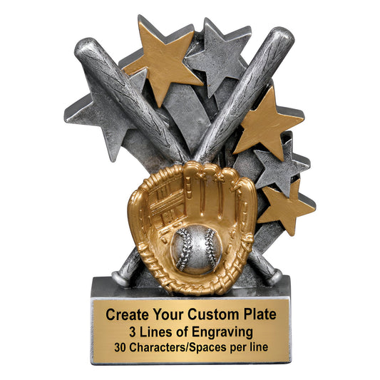 Star Blast Baseball Trophy with shining gold and silver accents, 4.75 inches tall, perfect for players and teams – Decade Award