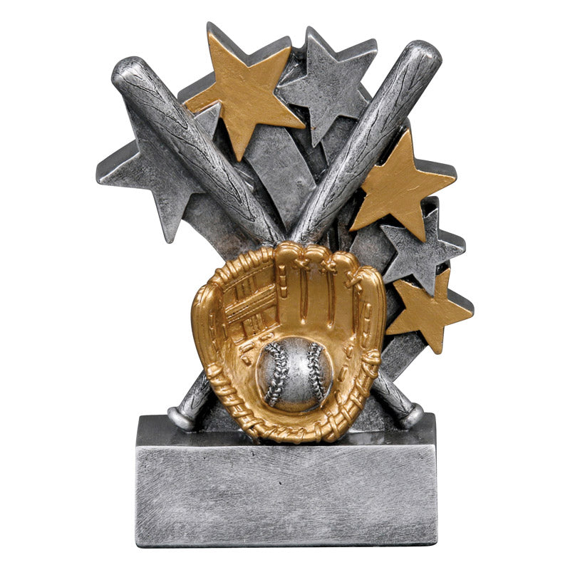 Star Blast Baseball Trophy with shining gold and silver accents, 4.75 inches tall, perfect for players and teams – Decade Award