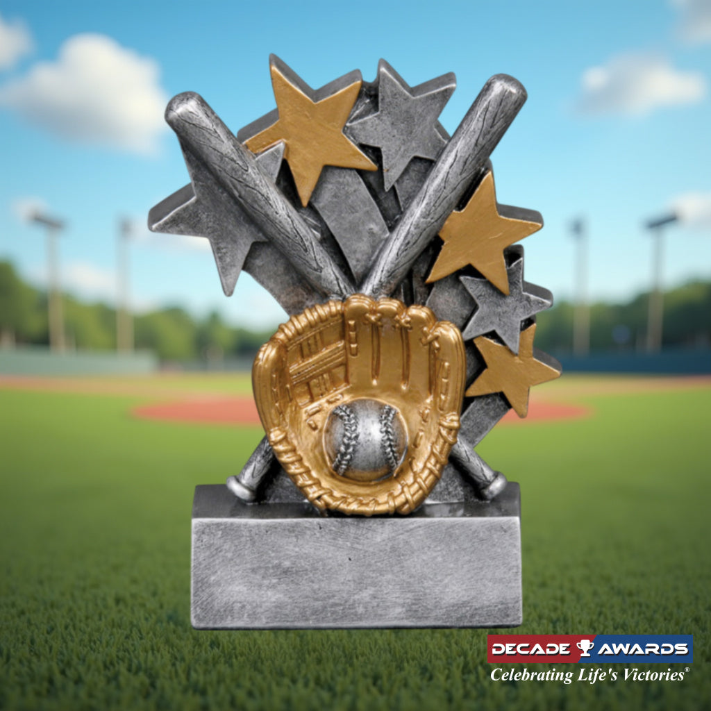 Star Blast Baseball Trophy with shining gold and silver accents, 4.75 inches tall, perfect for players and teams – Decade Award