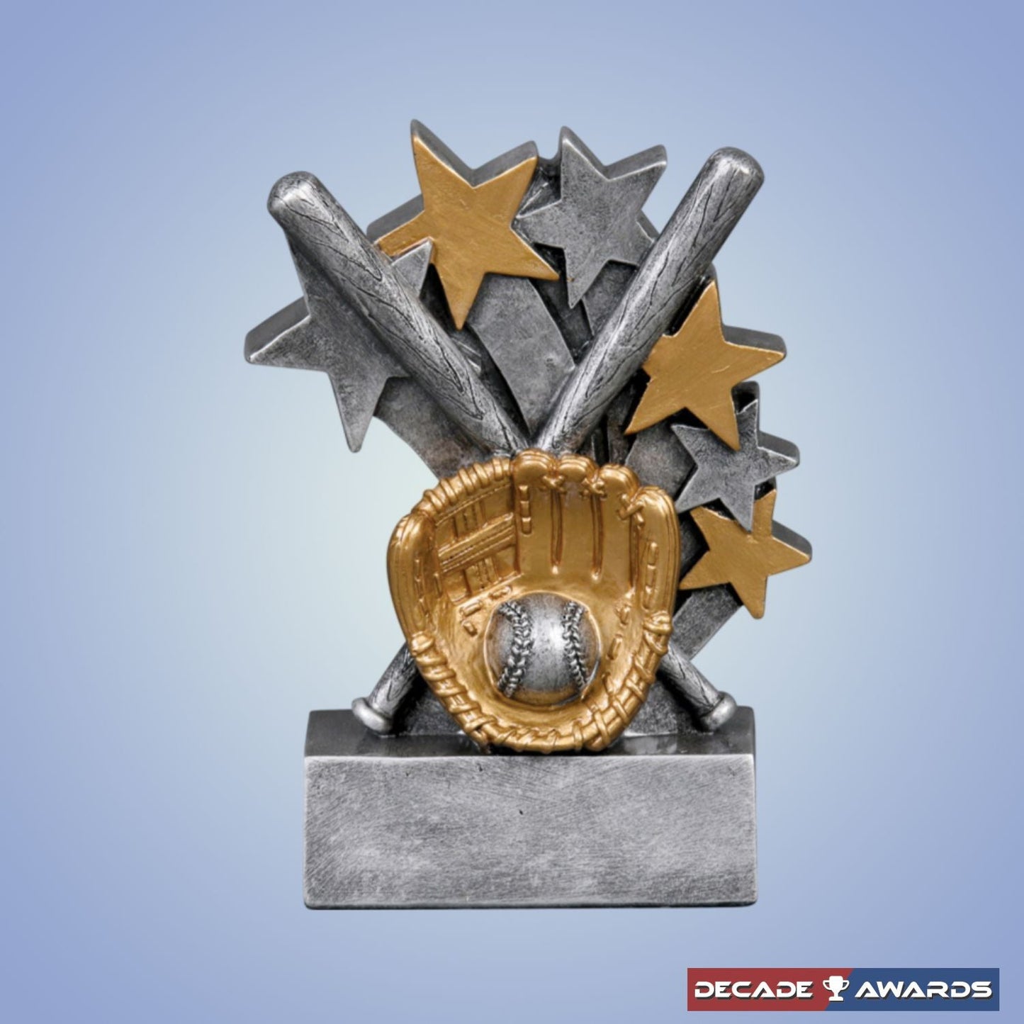 Star Blast Baseball Trophy with shining gold and silver accents, 4.75 inches tall, perfect for players and teams – Decade Award