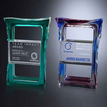 Delta Crystal Corporate Award - Blue Swirl or Teal Green | Engraved Crystal Award - 7.25 Inch Tall Decade Awards