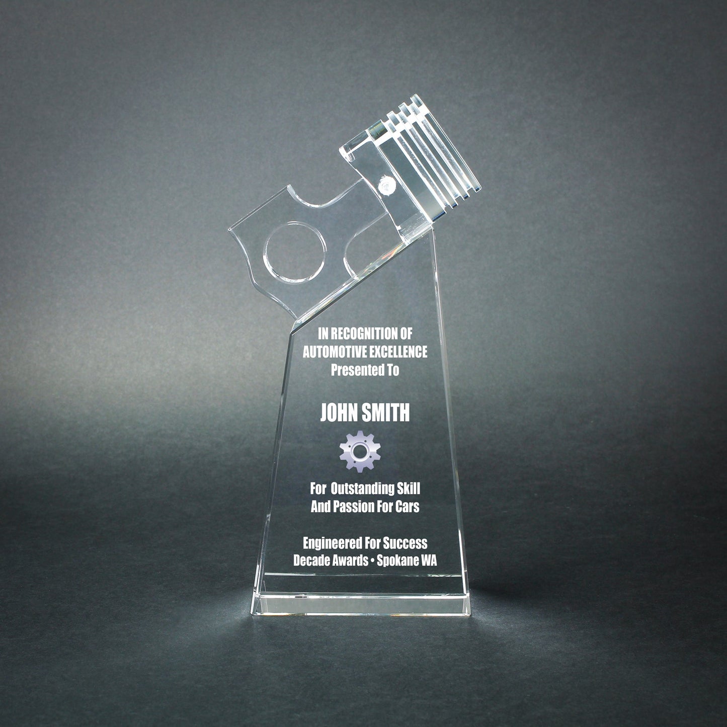 Crystal piston racing award with free custom engraving – Decade Awards