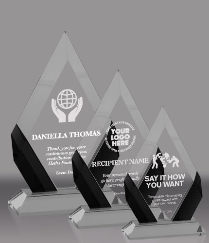 Cambridge Diamond Crystal Award - Black, Blue or Red Accent | Engraved Corporate Award - 7, 8 or 9 Inch Tall Decade Awards