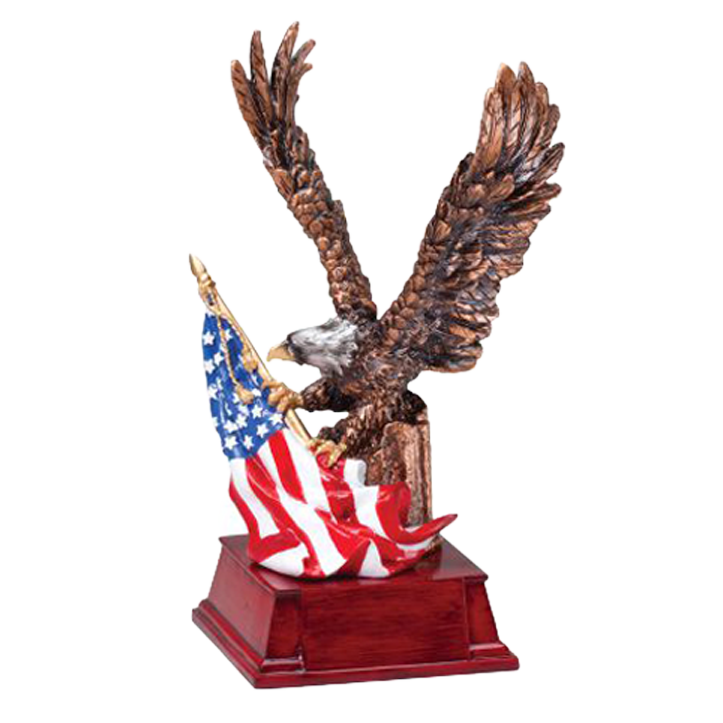 Eagle with American Flag Award | Personalized Patriotic Bronze Eagle Trophy | 9.25 Inches Tall