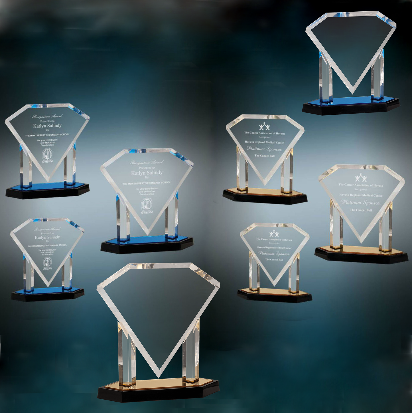 Floating Diamond Acrylic Award | Blue or Gold | Personalized Corporate Award | 3 sizes