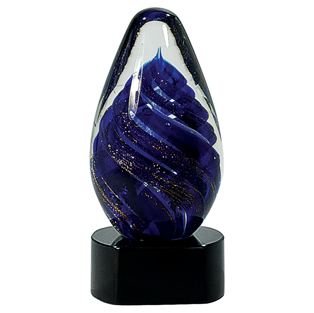 Blue Tear Drop Art Glass Trophy | Personalized Corporate Award | 6.5 Inches Tall