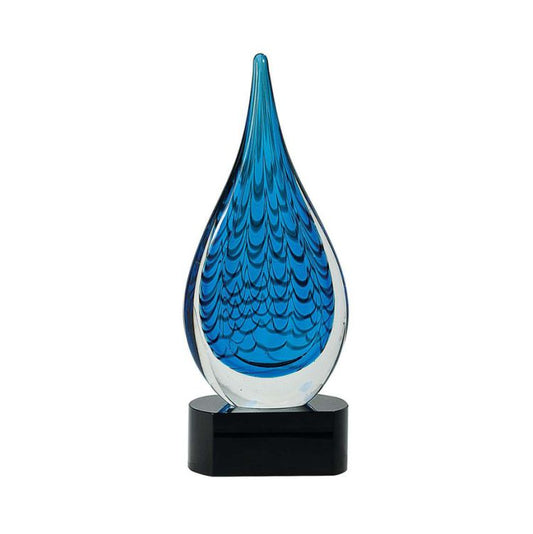 Art Glass Trophy - Blue Rain Drop | Engraved Artistic Corporate Award - 12.5" Decade Awards