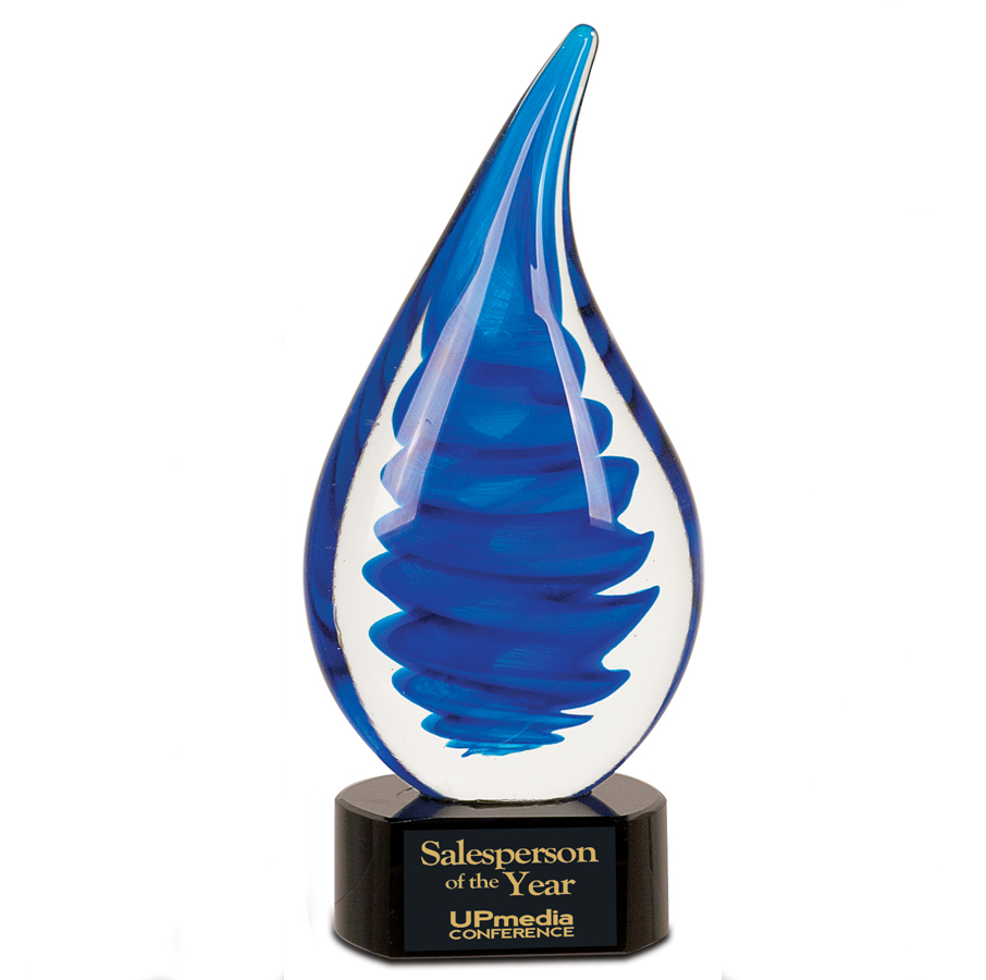 Personalized Art Glass Trophy | Blue Twist Raindrop Corporate Award | 10.25 Inches Tall