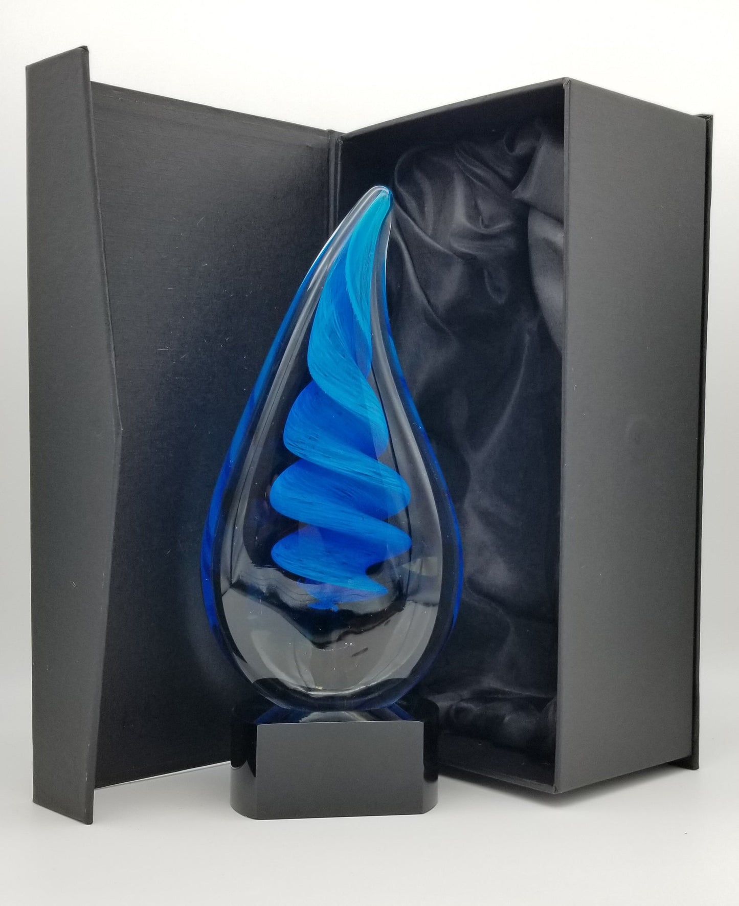 Art Glass Trophy - Blue Twist Raindrop | Artistic Corporate Award - 10.25" 
in display box
