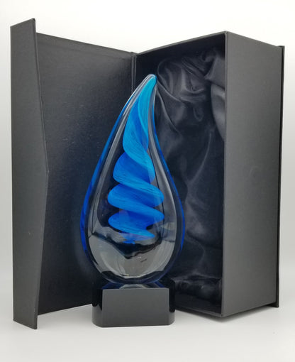 Art Glass Trophy - Blue Twist Raindrop | Artistic Corporate Award - 10.25" 
in display box