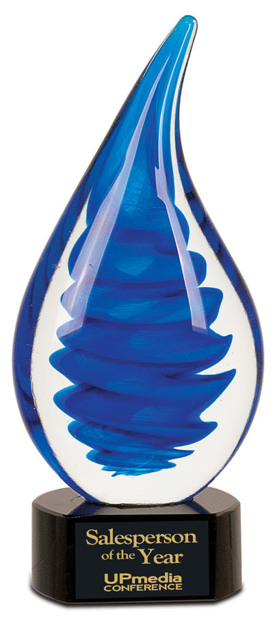 Art Glass Trophy - Blue Twist Raindrop | Artistic Corporate Award - 10.25"