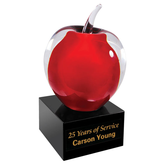 Red art glass apple trophy with custom engraved black marble base and colorfill by Decade Awards