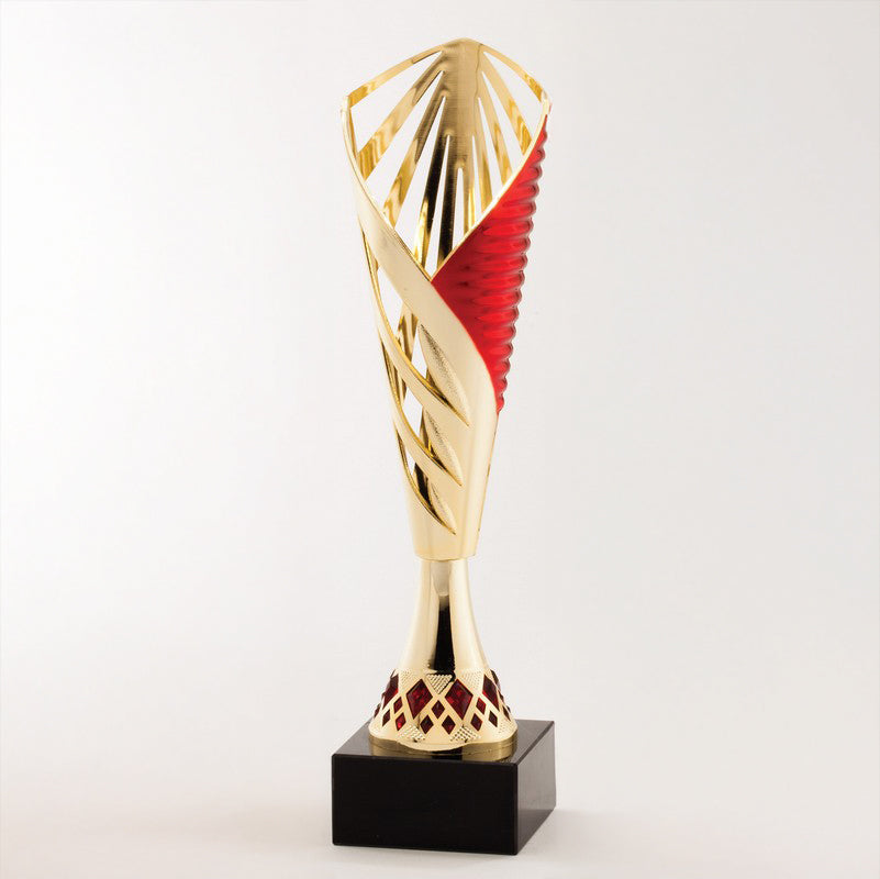 Elegant Gold-Finish Cup Trophy with Red Accent on Genuine Black Marble Base – 12.25 Inch Tall Decade Awards
