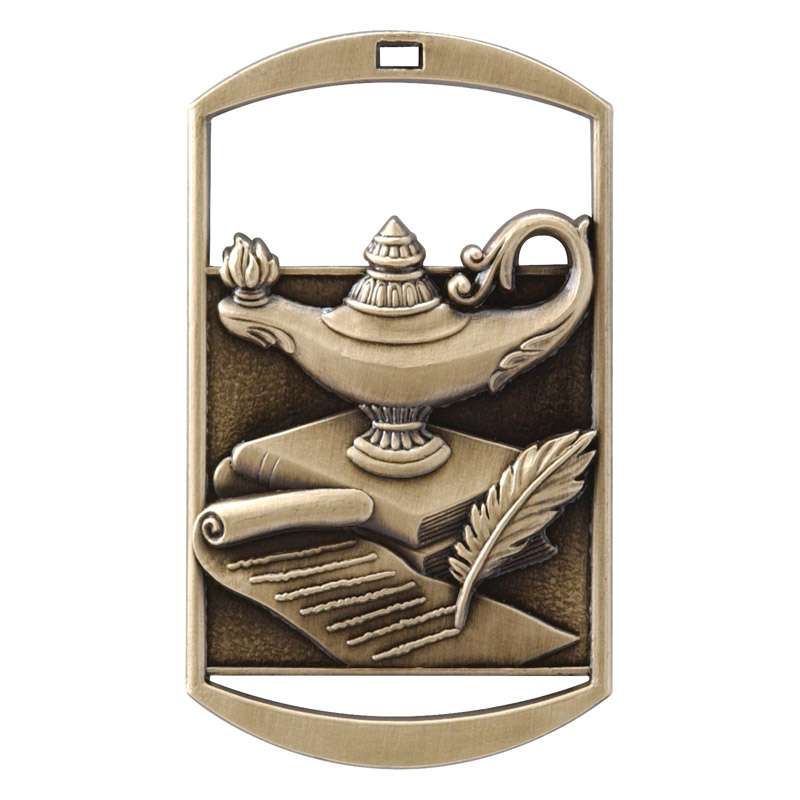 Gold silver or bronze academic dog tag medal with ribbon and free custom engraving, Decade Awards.  Scholastic and STEM award for students and teachers.