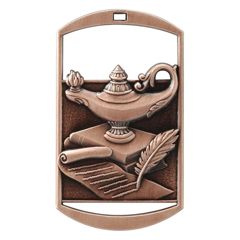 Gold silver or bronze academic dog tag medal with ribbon and free custom engraving, Decade Awards.  Scholastic and STEM award for students and teachers.