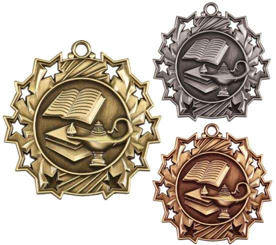 Academic Ten Star Medal - Gold, Silver or Bronze | Engraved Lamp of Knowledge 10 Star Medallion - 2.25" Wide Decade Awards