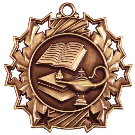 Academic Ten Star Medal - Gold, Silver or Bronze | Engraved Lamp of Knowledge 10 Star Medallion - 2.25" Wide Decade Awards
