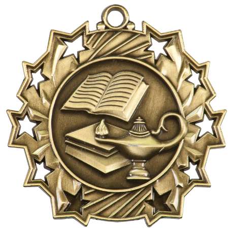 Academic Ten Star Medal - Gold, Silver or Bronze | Engraved Lamp of Knowledge 10 Star Medallion - 2.25" Wide Decade Awards
