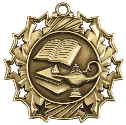 Academic Ten Star Medal - Gold, Silver or Bronze | Engraved Lamp of Knowledge 10 Star Medallion - 2.25" Wide Decade Awards