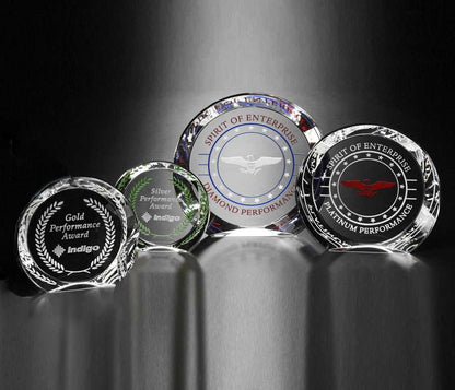 Achiever Crystal Corporate Award | Engraved Crystal Circle Award - 5", 6", 7" or 8" Diameter Decade Awards